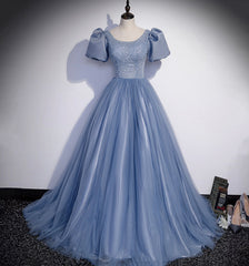 Homecoming Dress Idea, Blue Tulle Long Prom Dress, A Line Evening Gown