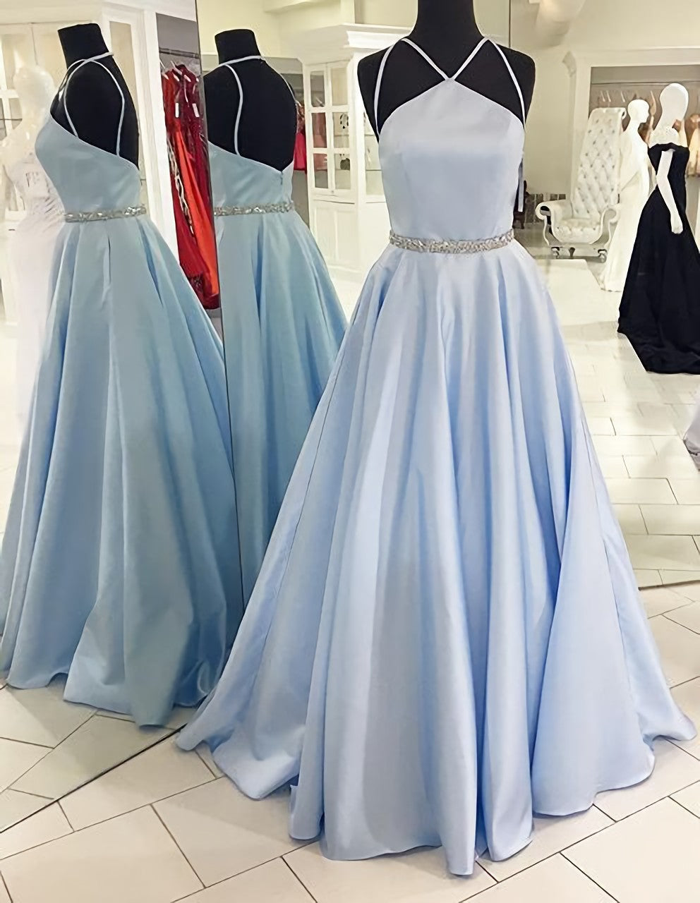 Bridesmaid Dresses Custom, Backless Beading Spaghetti Straps A Line Light Blue Long Prom Dresses