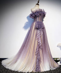 Formal Dress Attire For Wedding, Purple Tulle Sequin Long Prom Dress, Purple Formal Graduation Dress