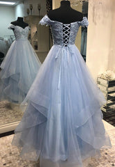 Formal Dresses For Weddings Mothers, Blue Tulle Lace Long A-Line Prom Dresses