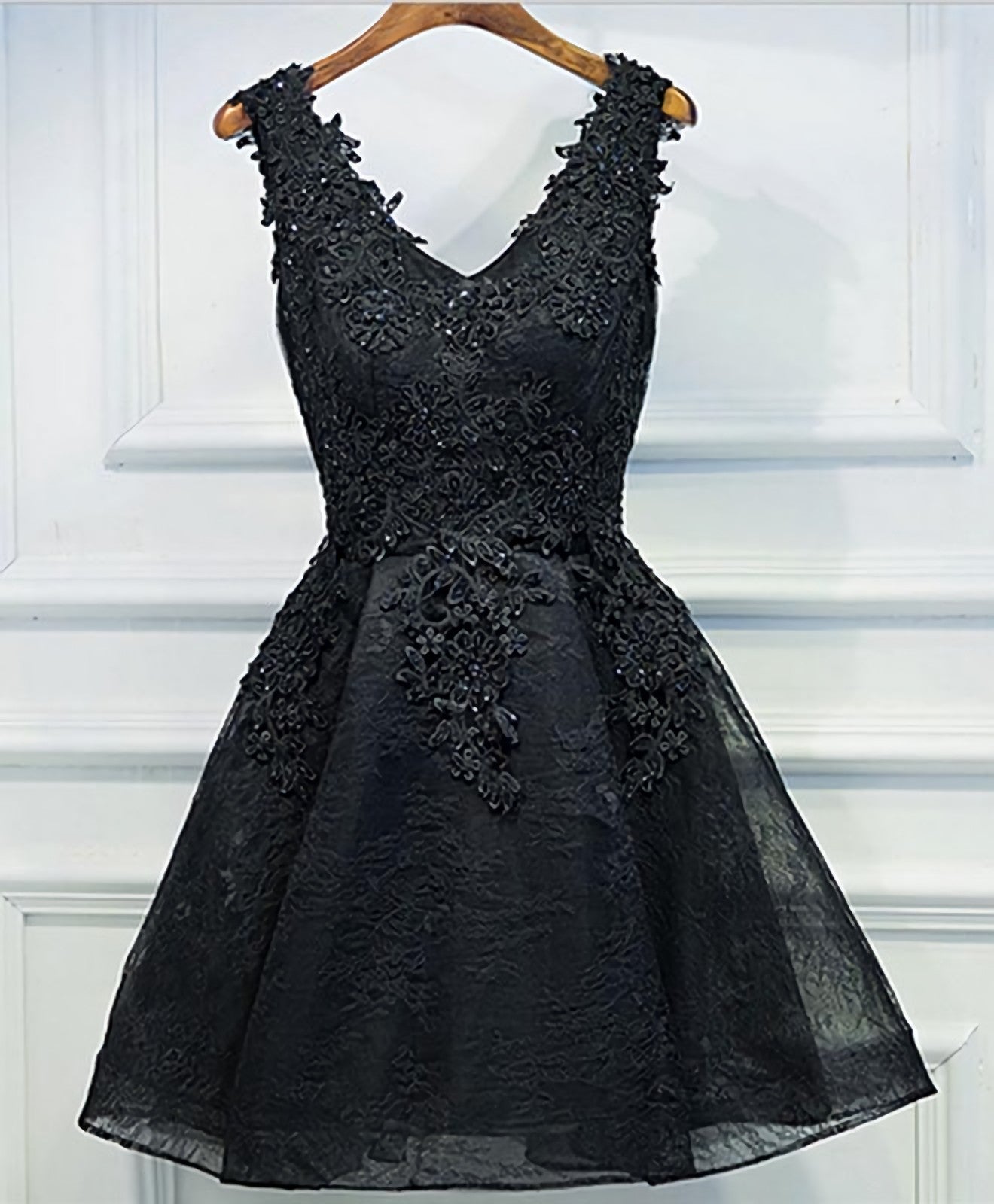 Wedding Ideas, Black V Neck Lace Short Prom Dress, Homecoming Dresses, Homecoming Dresses