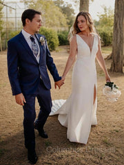 Wedding Dresses Classy Elegant, Sheath/Column V-neck Court Train Stretch Crepe Wedding Dresses With Leg Slit