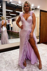 Sheath Deep V Neck Light Pink Sequins Long Prom Dress with Feathers