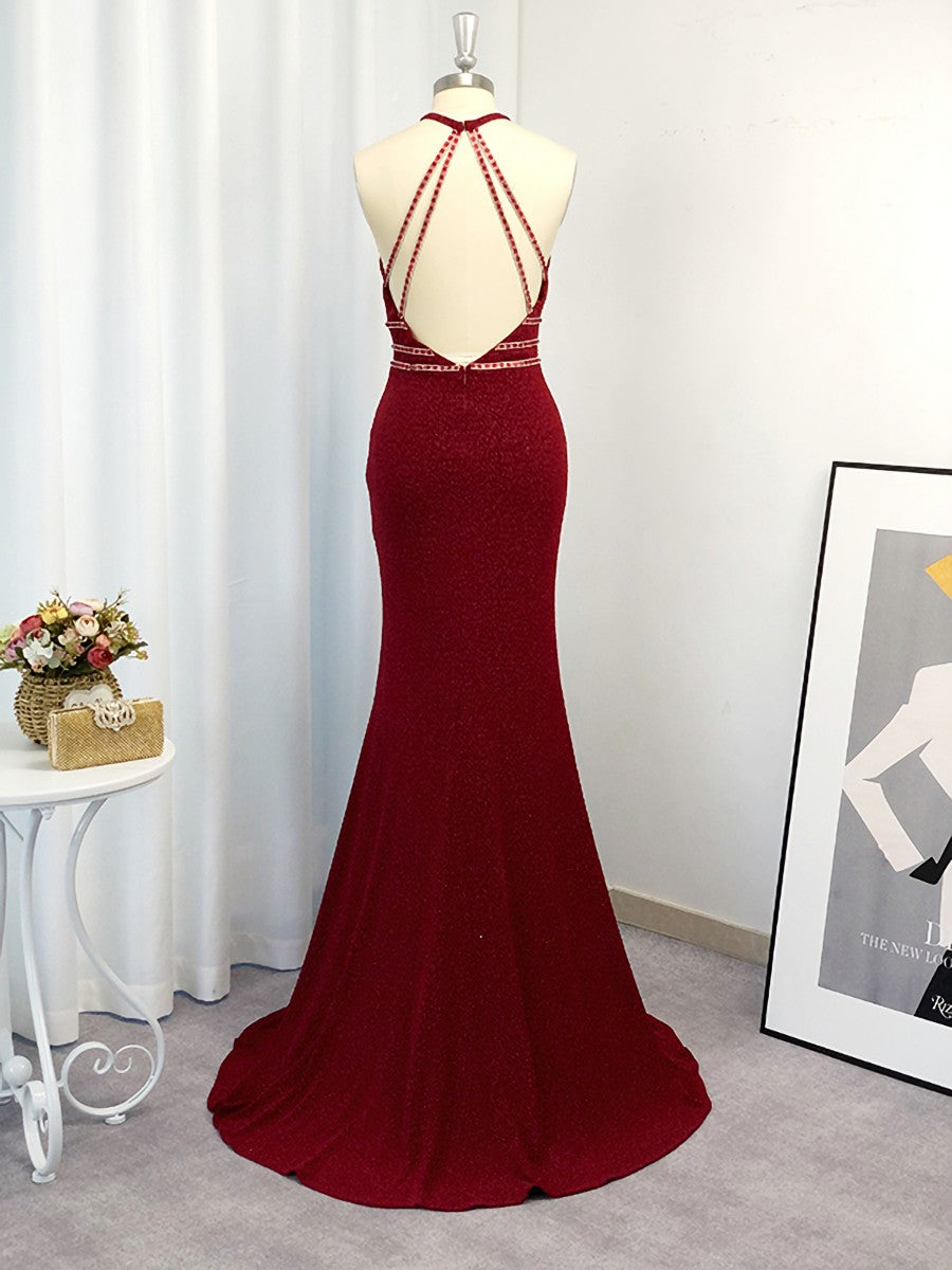 Black Bridesmaid Dress, Sheath Halter Beading Sweep Train Dress