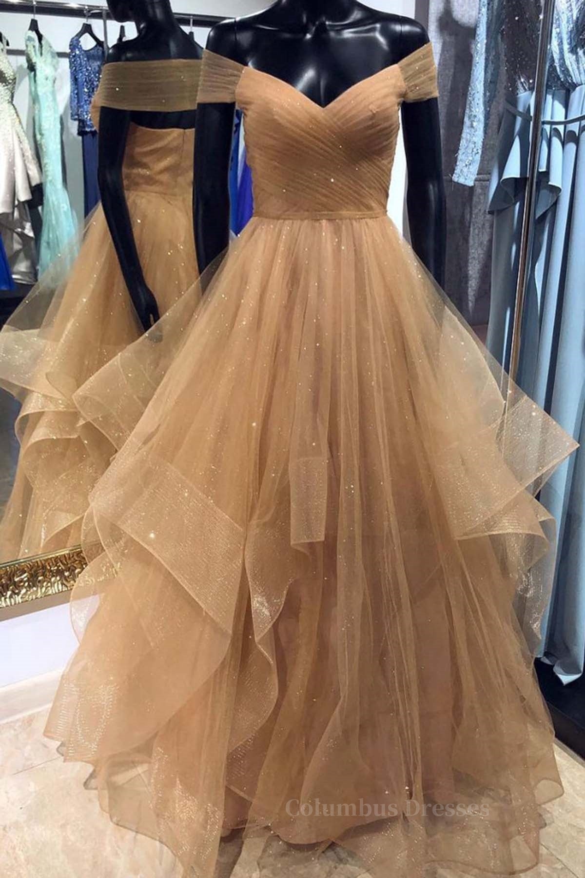 Dress Ideas, Shiny Off Shoulder Champagne Long Prom Dress, Off the Shoulder Champagne Formal Dress, Fluffy Champagne Evening Dress