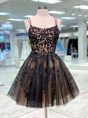 Prom Dress Places Near Me, Short Champagne Black Lace Prom Dresses, Short Black Lace Graduation Homecoming Dresses