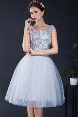 Prom Dresses Long With Slit, Short Sequin Tulle Lace-up Knee-length Homecoming Dresses