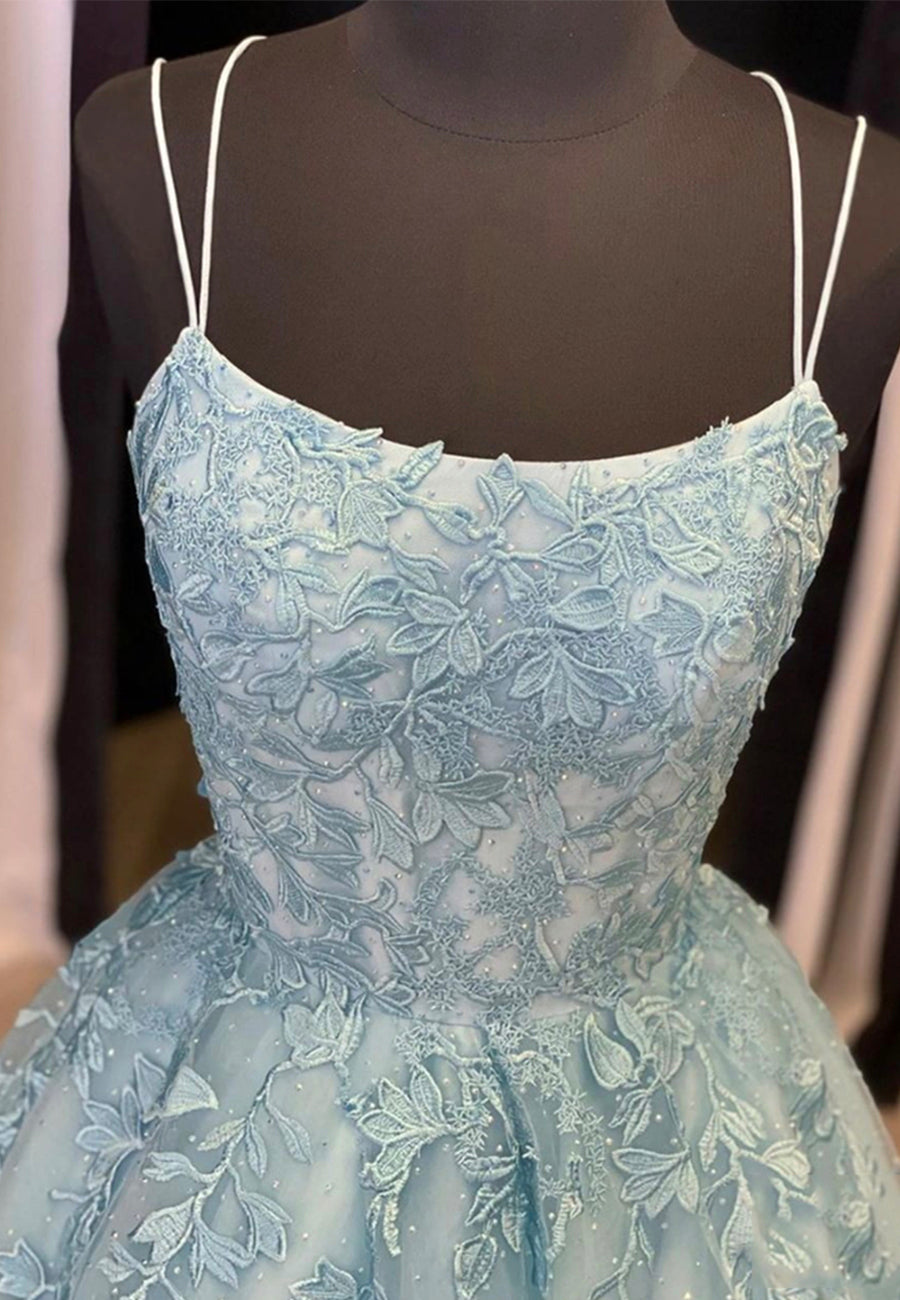 Homecoming Dresses Classy, Blue Lace Long Prom Dresses, A-Line Formal Evening Dresses