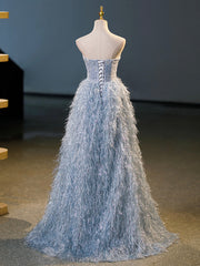 Homecomeing Dresses Short, Blue A-Line Strapless Floor Length Prom Dress, Blue Evening Party Dress